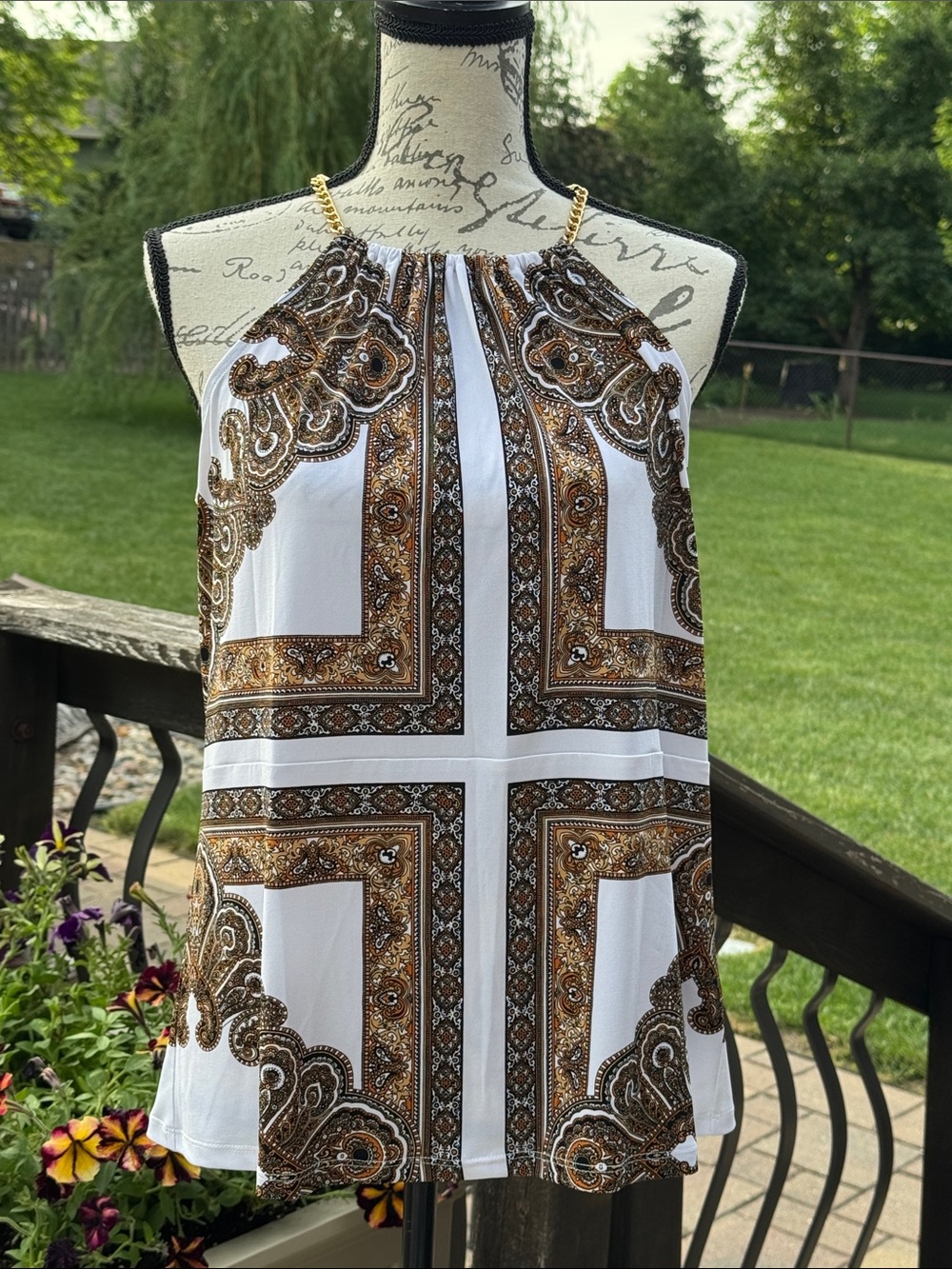 MICHAEL Michael Kors White Tank with Brown Paisley Print and Gold Chain Straps